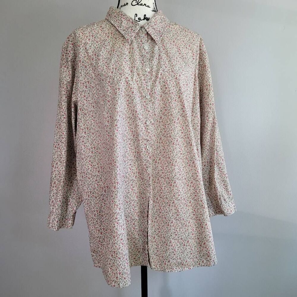 Vintage white stag 22/24W 100% cotton button up shirt micro floral print boho 70